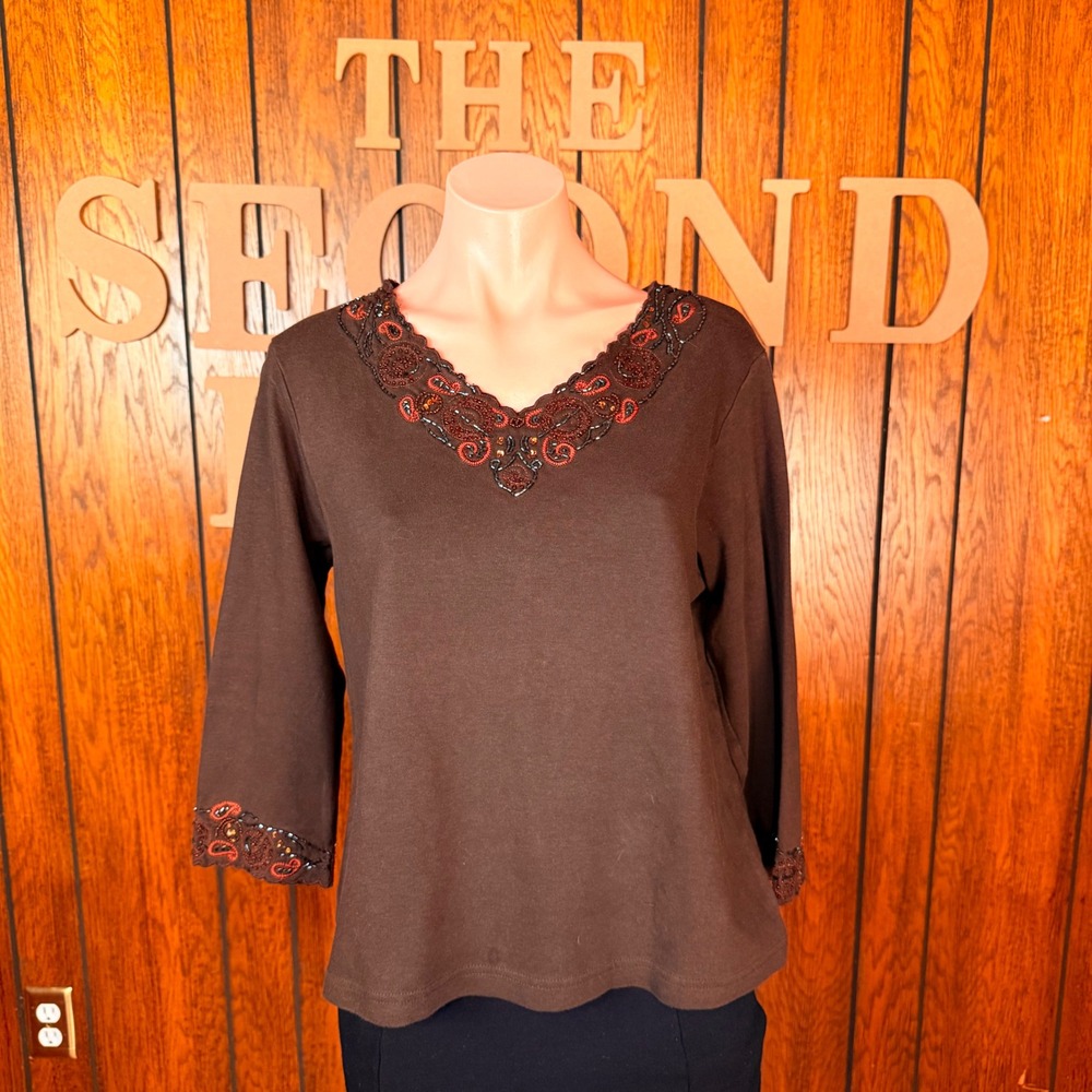 Brown Boho Fairycore Beaded V Neck Top Coldwater Creek Women L Whimsical Hippie